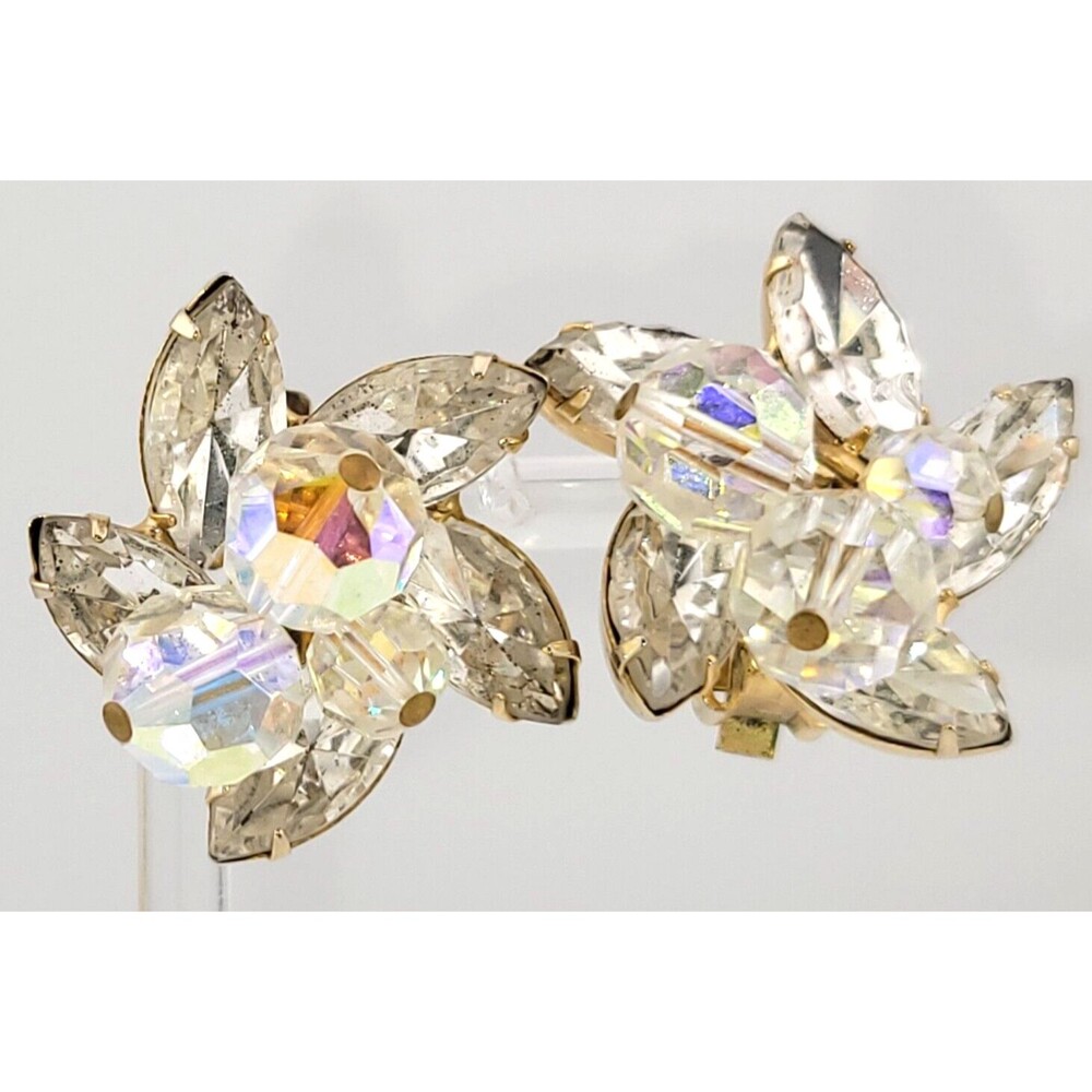 Big Vintage Rhinestone Aurora Borealis Faceted Crystal Charm Star Clip Earrings